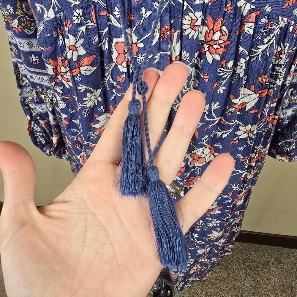 Women's Old Navy Blue Floral Knee Length 3/4 Sleeve Boho Dress | Size Medium - Picture 5 of 11